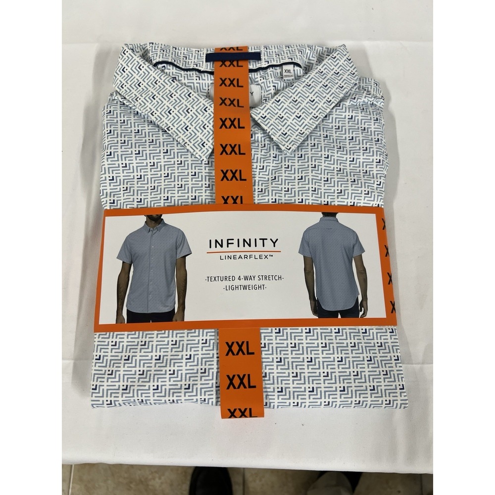 Infinity Linearflex Mens XXL Short Sleeve Button Down Shirt Geometric Blue White